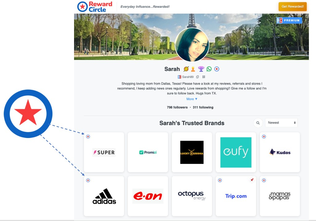 Circle Rewards markers on trusted brand cards in a member profile