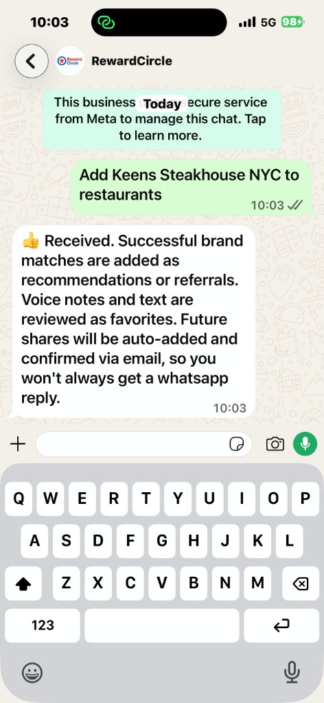 WhatsApp message adding Keens Steakhouse NYC to restaurants