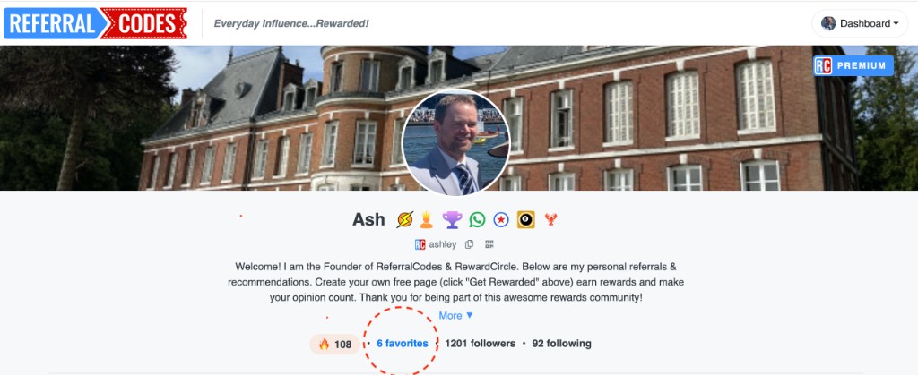 Public profile showing favorites count link