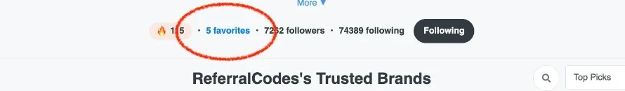 Profile stats with the favorites count circled, next to followers