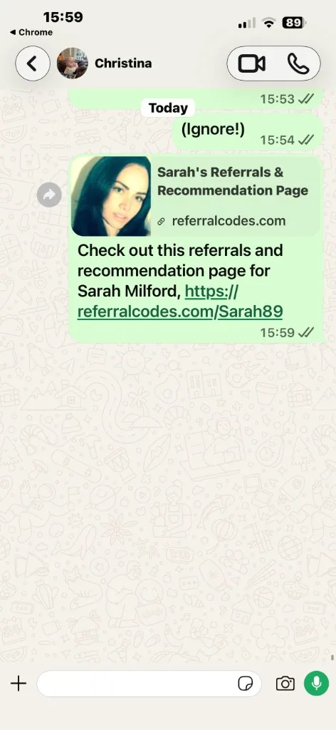 WhatsApp chat where Sarah shares her ReferralCodes profile link