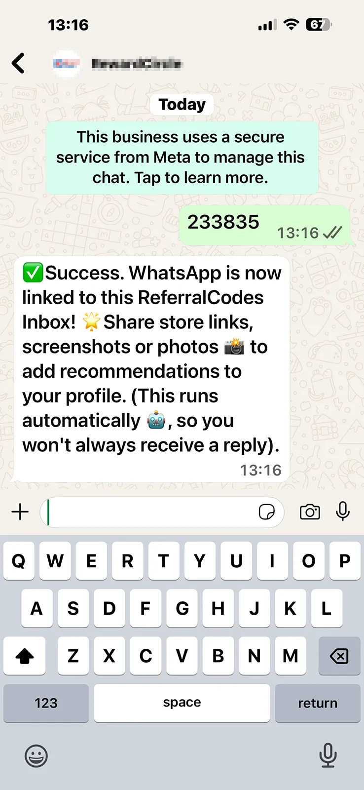 WhatsApp conversation showing ReferralCodes Inbox verification