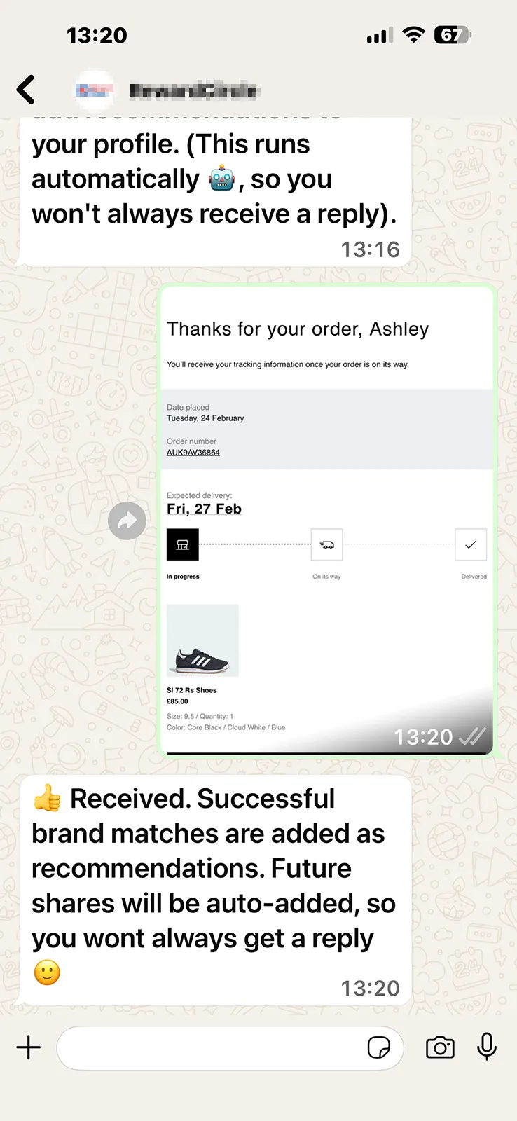 WhatsApp screenshot showing Adidas purchase being sent to ReferralCodes