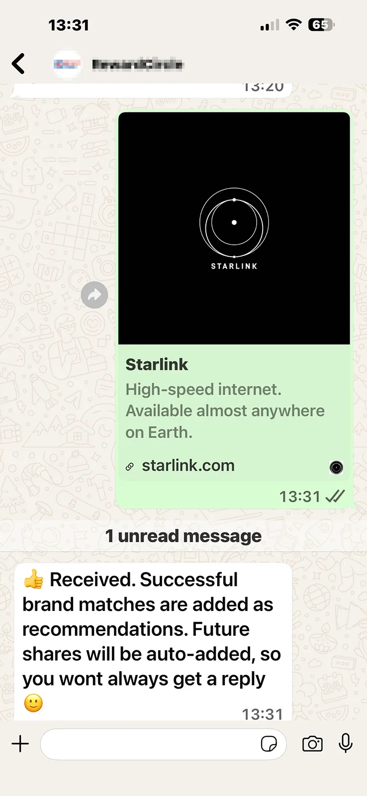 WhatsApp sharing Starlink website link with ReferralCodes