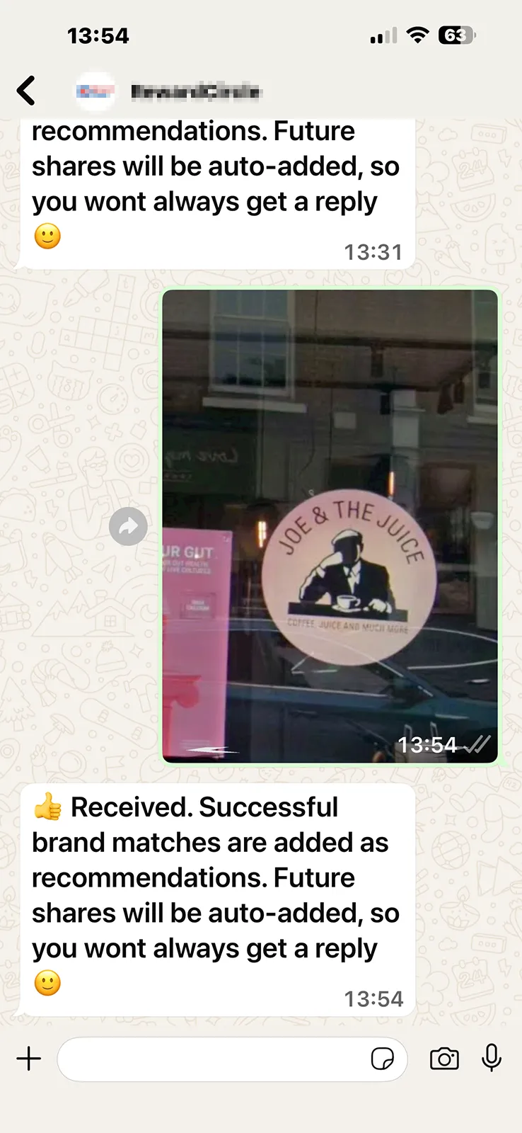 WhatsApp photo of Joe & The Juice storefront sent to ReferralCodes
